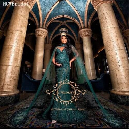 Emerald Green Mermaid Pregnant Women Evening Dress With Shawl Beaded Lace Tulle Black Women Party Formal Evening Gowns Plus Size