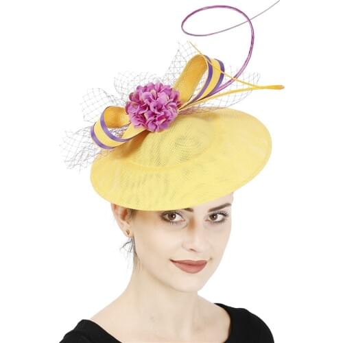 New Design Yellow With Purple Hair Fascinator Hat Headband Bridal Wedding Party Headpiece Mesh Ladies Occasion Hair Accessories