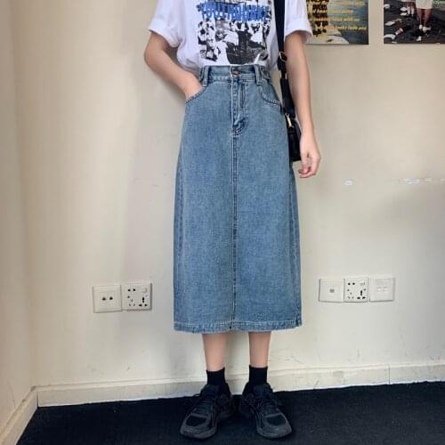 Luck A 2021 Retro Long Summer Denim Skirts Girls High Waist Button Pockets Split Jeans Straight Plus Size Maxi Denim Skirts