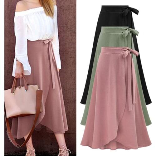 Elegant Office Lady Maxi Skirt Bandage Solid Color High Waist Slit Large Hem Long Skirts for Gathering