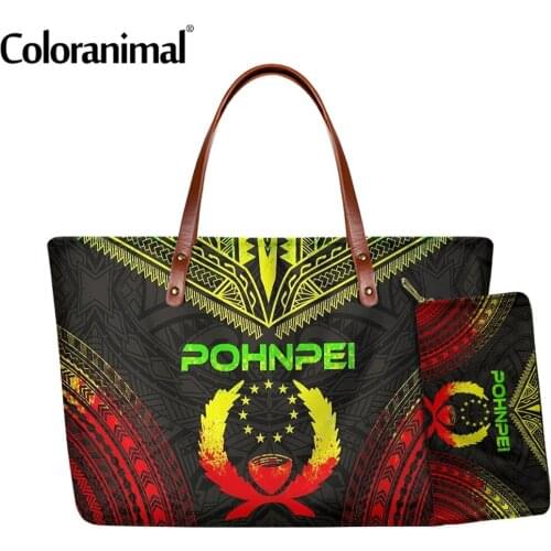 Coloranimal Pohnpei Polynesian Chief Pattern Women Tote Handbag 2Pcs/Set Shoulder Bag&Wallet Female Crossbody Bag for Ladies Hot