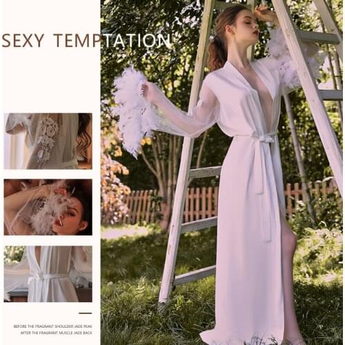 Embroidery Flower Robe Satin Women Sleepwear With Lace Sleeve&Feather Sexy Patchwork Bathrobe Kimono Wedding Gown Long Lingerie