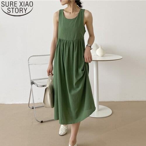 2021 New Women Summer Dresses Solid Green Casual Backless Lace-Up Bow Strap Dress O-neck Sleeveless Pleated Long Dress 10133
