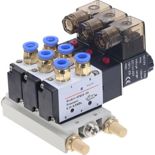 1pcs 3Way 4V210-08 Pneumatic DC12V DC24V AC110 AC220 Triple Solenoid Valve w Base Push In Connectors Silencer 1/4"