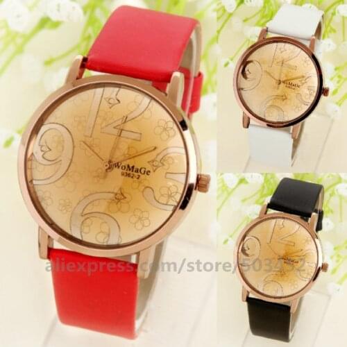 100pcs/lot Womage 9362-2 Four Big Number Scale Women Watch Factory Price Watch Strap Siamese PU Leather Belt Fashion Watches