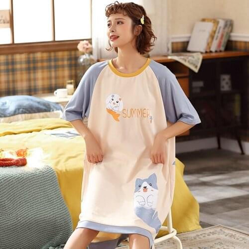 2021 Summer Short Sleeve Cotton Nightgowns for Women Cute Cartoon Sleepwear Nightwear Night Gowns Home Dress Nightdress Nighty