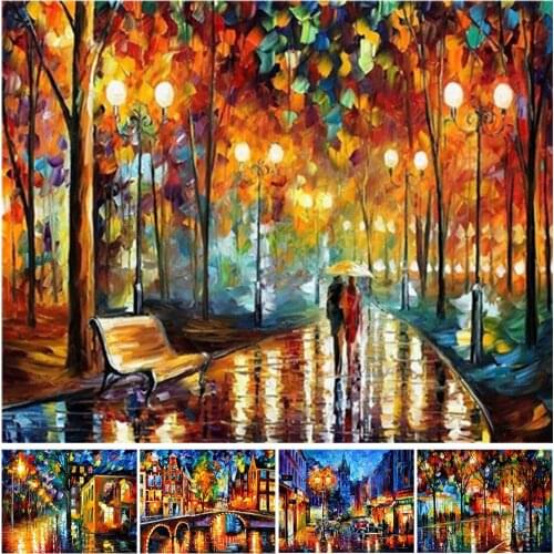 5DDIY square/round diamond painting street maple forest landscape lighting mosaic picture home decoration rhinestone embroidery