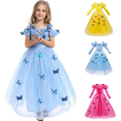 Girl Princess Dress Cinderella Cosplay Costume Butterfly Dress Winter Long Sleeve Dress Baby Girl Birthday Party Costume 3-10T