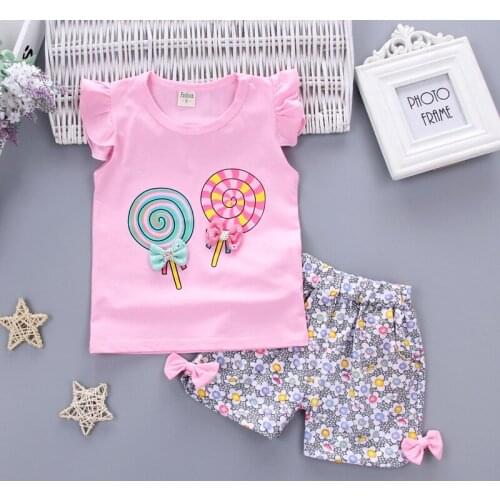 Baby Girl Clothes Set 2 Pcs Sets Lollipop Flying Sleeve T-shirt+floral Bow Short Pants Toddler Girl Clothes Baby Clothes 0-3Y