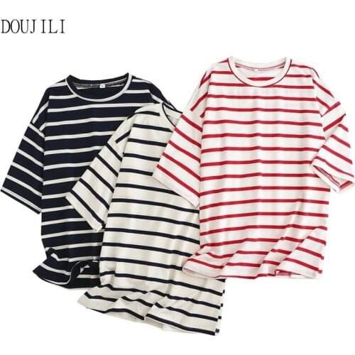 DOUJILI 2021 Summer New Style Black White Red Stripe Short Sleeve Shirt Loose Casual Crewneck T-Shirt For Women