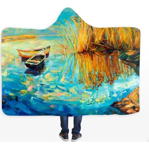 Landscape Sea Oil Painting Hooded Blanket Sunrise and Sunset Printed Cloak Wearable Blankets Hoodie Adults Fleece Throw Blanket