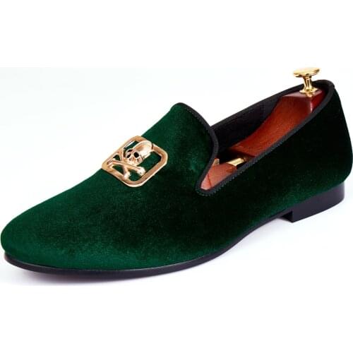 Harpelunde Men Loafer Shoes Skull Buckle Wedding Shoes Green Velvet Slippers Handmade Flats Size 6-14