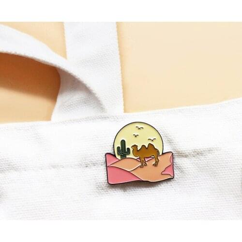 Walking alone in the desert camel Enamel Brooch cactus sunset hike adventure badge Knapsack jackets lapel pin Gifts for friends