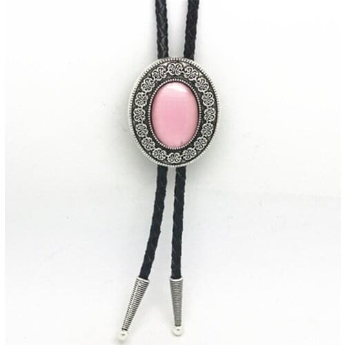 Cowboy poirot tie gem crystal powder turquoise totem pattern of ancient silver alloy new high-grade leather rope tie bow tie