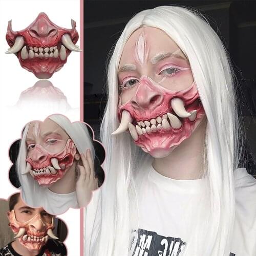 Halloween-Demon Oni Mask Toys Asia Jaw Fangs Half Face Cosplay Costume Samurais Shocker Toys For Costume Party Birthday Christma