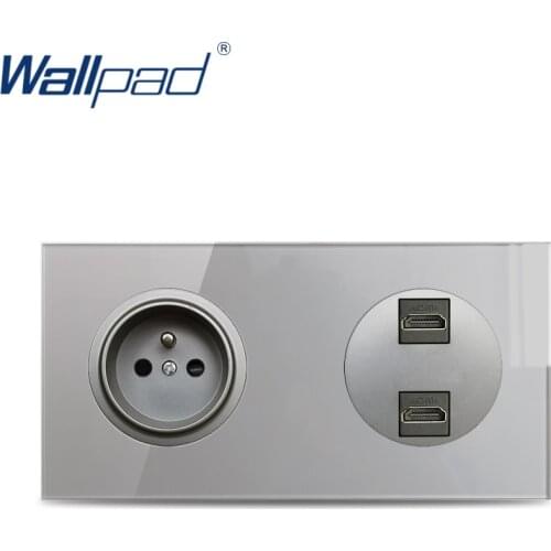 Wallpad French Wall Electric Socket With Double HDMI Port Connection Data Transmission Grey Crystal Tempered Glass Double Panel