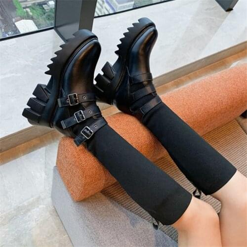 PXELENA Shoes Genuine Leather+Knitting Mid Calf Boots Female Chunky Block High Heel Platform Combat Motorcycle Punk Gothic Boots