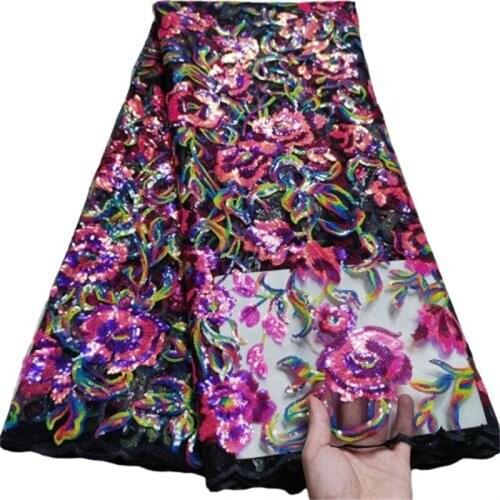 Multicolor Sequins Lace Fabric 5 Yards African Nigerian Tulle Lace Fabric High Quality 2021 Fuchsia For Sew Diy Dress Wedding