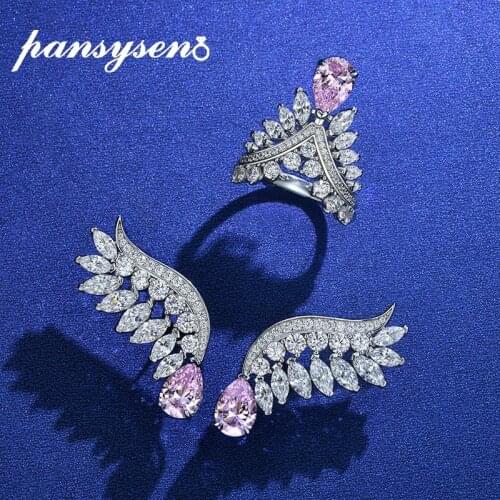 Luxury 925 Sterling Silver 7x10MM Pear Cut Sapphire Simulated Moissanite Diamond Wing Earrings Ring Fine Jewelry Sets Wholesale