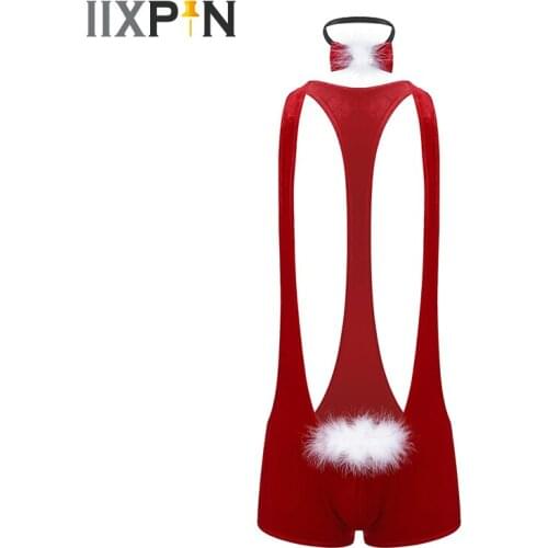 Sexy Bodysuit Mens Soft Velvet Christmas Lingerie Sexy Men One-piece Leotard Bodysuit Wrestling Singlet Underwear With Bowtie