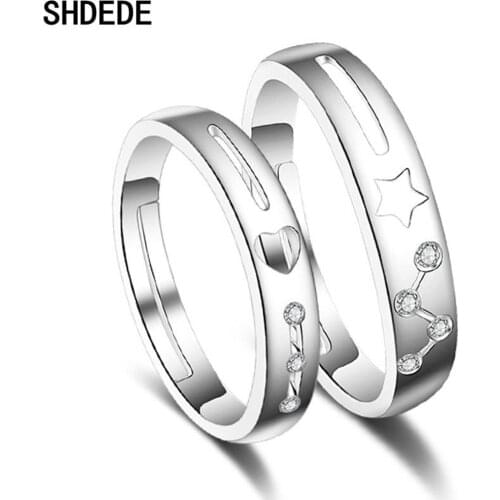 SHDEDE 2pcs/Set Adjustable 925 Silver Couple Ring Men Women Jewelry Zirconia Star Heart Hollow Valentines Day Gift -WH94