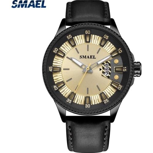 SMAEL Men Watches Top Brand Luxury 2021 Waterproof Leather Strap Sport Watch Men Black Creative Wristwatch 9126