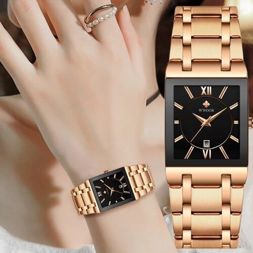 WWOOR 2021 Top Brand Luxury Ladies Watches For Women Fashion Square Women Quartz Wrist Watch Women Rose Gold Geneva Design Gifts