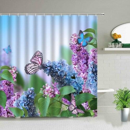 Butterfly Plant Flower Landscape Shower Curtains Zen Stone Green Bamboo Scenery Waterproof Cloth Bathroom Bath Curtain With Hook