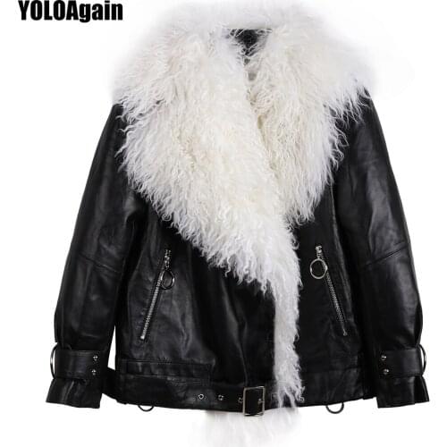 YOLOAgain winter warm women white big fur collar shiny shearling jacket ladies genuine leather jacket