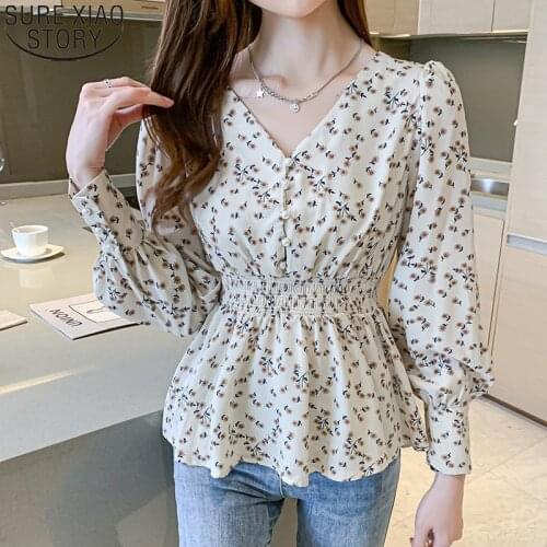 2021 New Autumn Floral Print Chiffon Shirts Elegant V-neck Button Pleated Blouse Women Tops Long Sleeve Blusas De Mujer 16648