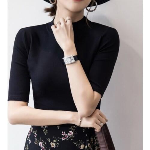 Turtleneck Women T-Shirts Half Sleeved Solid Knitted Elastic Slim Solid Lady Elegant Top Tees Female Outwear Tops