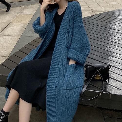 Bella Philosopohy female winter thicken warm long open stitich loose solid cashmere knitted sweaters long outerwear cardigan top