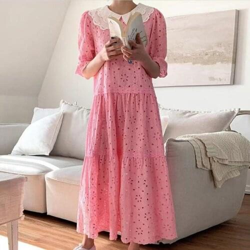 Women Yellow Hollow Out Dress New Lace Peter Pan Collar Short Puff Sleeve Loose Fashion Tide Spring Summer 2021 Z204