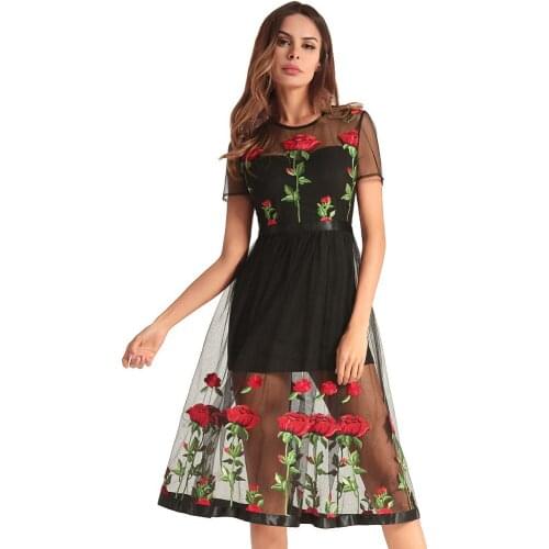 Vestido De Festa Plus Size Promotion Ruiyi Ge Suit-dress 2018 New Pattern Gauze Perspective Rose Embroidered A A-line Dress