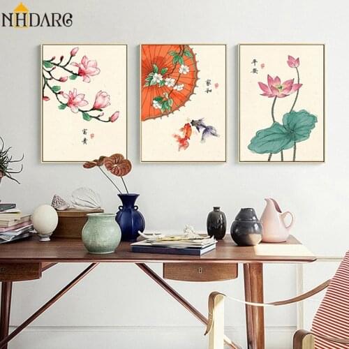 New Chinese Style Lotus Goldfish Plum Blossom Umbrella Canvas Print Painting Poster Art Wall Pictures for Living Room Home Decor