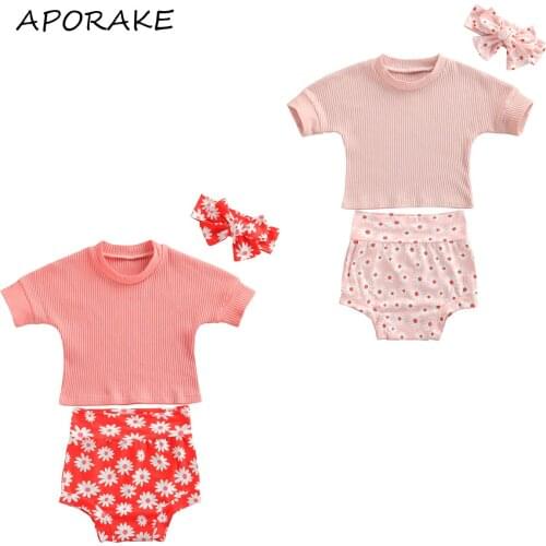 2021 0-3Y Baby Girls Summer Clothes Solid Color Short Sleeve Crew Neck Rib Knit Tops+Floral Print High Waist Shorts+Headband Set