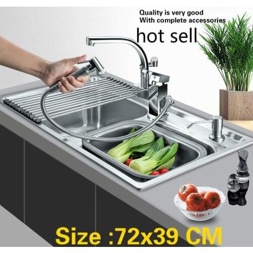 Free shipping Hot sell household standard multifunction kitchen double groove sink 304 stainless steel wash the dishes 72x39 CM