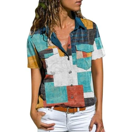 Lady Vintage Print Shirt Button Summer Loose Tops Blouse Women Clothes Fashion Casual Short Sleeve Shirts Lapel Tunics Блузки