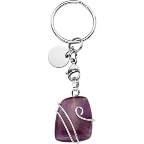 Silver Plated Circle Wire Wrap Geometric Shape Amethysts Stone Key Chain Rose Pink Quartz Jewelry