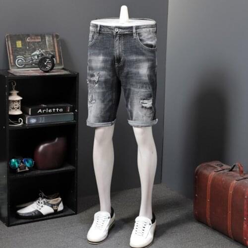 Summer Men Animal Embroidery Hole Short Straight Jeans Gray Fashion Male Knee Length Vintage Pants Streetwear High Quality