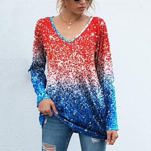 Gradient T Shirt Women Splicing Long Sleeve Top Women Loose Tee Shirts Autumn Winter T-shirt Fashion Tops Tee Female V-neck Tee