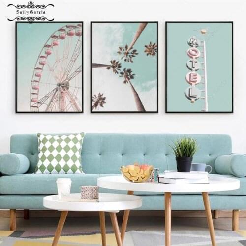California Seascape Canvas Painting Ferris Wheel Tropical Palm Poster Danish Pastel Color Wall Art Nordic Decoration Pictures