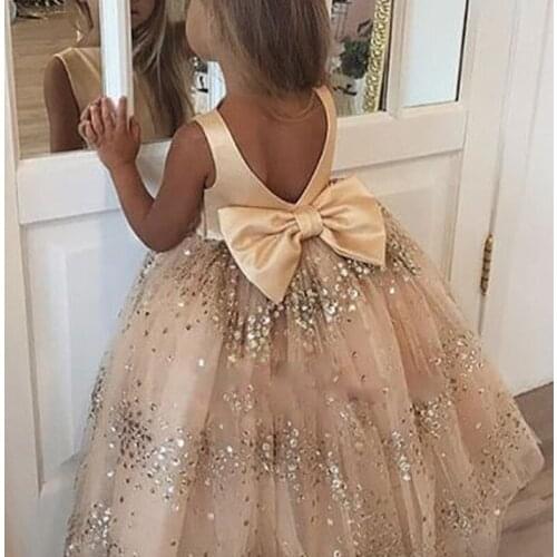 Popular Custom Champagne Toddler Ball Gowns Long Gold Sequin Flower Girl Wedding Dresses Flower Girl Dresses for Wedding