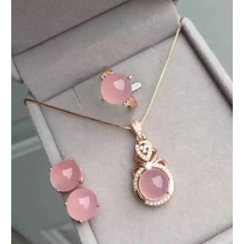 KJJEAXCMY boutique jewels 925 Pure silver inlay natural pink jade medulla ring + pendant + earring set micro-inlay diamond godde