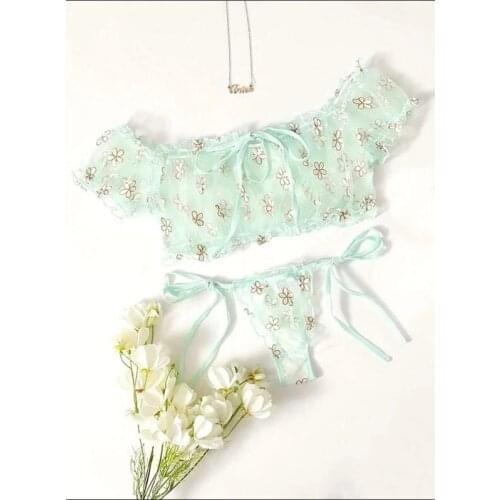 Sweet Sexy Floral Embroidery Bra Set short Sleeve Off Shoulder Lace Lingerie Set See-Through Ruffle Hot Erotic Underwear Set