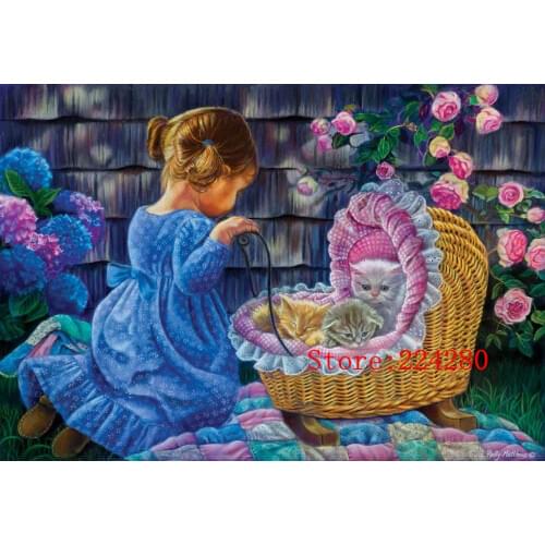 Needlework Girls and cats Cute Art Flower baskets 14ct Unprinted Handmade Embroidery Cross Stitch Kits Set DIY Home Decor