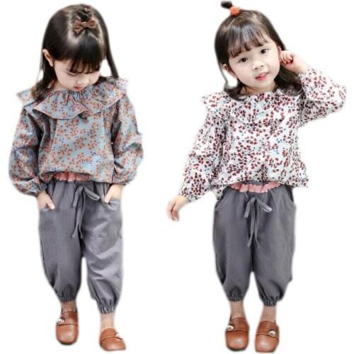 New Autumn Girls Flower Sailor Collar Casual T Shirt Pants 2Pcs/set Infant Spring Sport Tracksuit Children Clothing Kids Suits