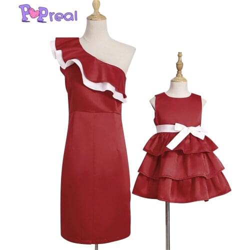 PopReal Fashion Parent-Child Outfit Mom And Daughter Dress Family Matching Clothes Mini Dress Lrregular Solid Diagonal Collar