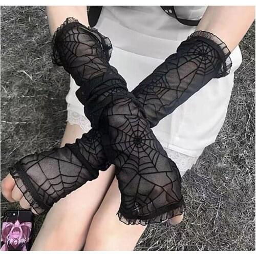 Ruibbit Gothic Harajuku Punk Black Spider Web Long Glove Elastic Women Half Finger Length Sleeve Cosplay Streetwear