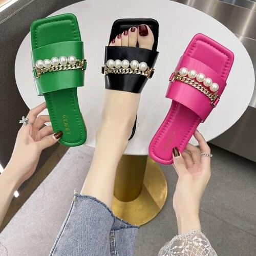 2021 Summer Indoor Modern Slipper for Women Pearls Outdoor Beach Ladies Slides Fashion High Heels Shoes for Woman Sexy Slides